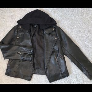 Forever 21 Black Faux Leather Hooded Jacket